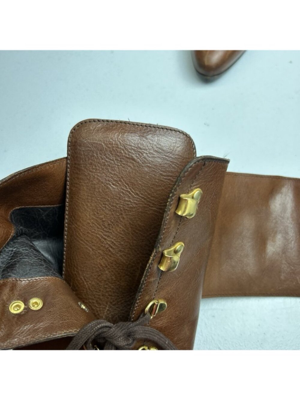 Ralph Lauren Collection 8B Brown Leather Lace Up Knee High Boots Buckle Heels - Picture 15 of 16